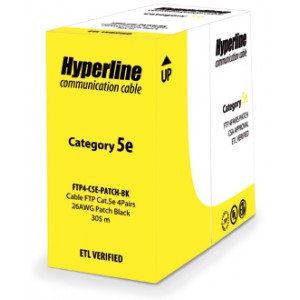 Hyperline FUTP4-C5E-P26-IN-PVC-BK-305 (305 м) Кабель витая пара, экранированная F/UTP, категории 5e, 4 пары (26 AWG), многожильный (patch), экран - фольга, PVC, –20°C – +75°C, черный Hyperline FUTP4-C5E-P26-IN-PVC-BK-305 (305 м) Кабель витая пара, экранированная F/UTP, категории 5e, 4 пары (26 AWG), многожильный (patch), экран - фольга, PVC, –20°C – +75°C, черный