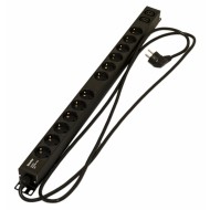 Hyperline SHE-12SH-2IEC-2.5EU Блок розеток, вертикальный, 12 розеток Schuko, 2 розетки IEC320 C13, кабель питания 2.5м (3х1.5мм2) с вилкой Schuko 16A, 250В, 730x44.4x44.4мм (ДхШхВ), корпус алюминий, черный