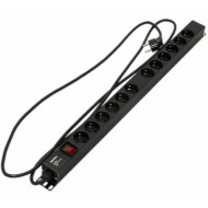 Hyperline SHE-12SH-S-2.5EU Блок розеток, вертикальный, 12 розеток Schuko, выключатель с подсветкой, кабель питания 2.5м (3х1.5мм2) с вилкой Schuko 16A, 250В, 730x44.4x44.4 мм (ДхШхВ), корпус алюминий, черный