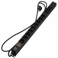 Hyperline SHE-9SH-3IEC-S-2.5EU Блок розеток, вертикальный, 9 розеток Schuko, 3 розетки IEC320 C13, выключатель с подсветкой, кабель питания 2.5м (3х1.5мм2) с вилкой Schuko 16А, 250В, 723x44.4x44.4 мм (ДхШхВ), корпус алюминий, черный