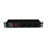 Hyperline SHE10-3SH-S-IEC Блок розеток для 10 шкафов, горизонтальный, 3 розетки Schuko, выключатель с подсветкой, без кабеля питания, входной разъем IEC320 C14 10А, 250В, 254х44.4х44.4мм (ШхВхГ), корпус алюминий, черный