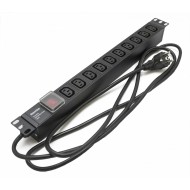 Hyperline SHE19-10IEC-S-2.5EU Блок розеток для 19 шкафов, горизонтальный, 10 розеток IEC320 C13, выключатель с подсветкой, кабель питания 2.5м (3х1.5мм2) с вилкой Schuko 16A, 250В, 482.6x44.4x44.4мм (ШхГхВ), корпус алюминий, черный