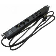 Hyperline SHE19-3SH-3IEC-2.5EU Блок розеток для 19 шкафов, горизонтальный, 3 розетки Schuko, 3 розетки IEC320 C13, кабель питания 2.5м (3х1.5мм2) с вилкой Schuko 16A, 250В, 482.6x44.4x44.4мм (ШхГхВ), корпус алюминий, черный