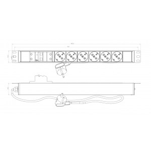 Hyperline SHE19-6SH-B-2.5EU Блок розеток для 19 шкафов, горизонтальный, 6 розеток Schuko, автоматический выключатель, кабель питания 2.5м (3х1.5мм2) с вилкой Schuko 16A, 250В, 482.6x44.4x44.4мм (ШхГхВ), корпус алюминий, черный Hyperline SHE19-6SH-B-2.5EU Блок розеток для 19 шкафов, горизонтальный, 6 розеток Schuko, автоматический выключатель, кабель питания 2.5м (3х1.5мм2) с вилкой Schuko 16A, 250В, 482.6x44.4x44.4мм (ШхГхВ), корпус алюминий, черный