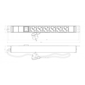 Hyperline SHE19-6SH-S-2.5EU Блок розеток для 19 шкафов, горизонтальный, 6 розеток Schuko, выключатель с подсветкой, кабель питания 2.5м (3х1.5мм2) с вилкой Schuko 16A, 250В, 482.6x44.4x44.4мм (ШхГхВ), корпус алюминий, черный Hyperline SHE19-6SH-S-2.5EU Блок розеток для 19 шкафов, горизонтальный, 6 розеток Schuko, выключатель с подсветкой, кабель питания 2.5м (3х1.5мм2) с вилкой Schuko 16A, 250В, 482.6x44.4x44.4мм (ШхГхВ), корпус алюминий, черный