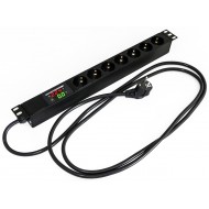Hyperline SHE19-7SH-AV-2.5EU Блок розеток для 19 шкафов, горизонтальный, 7 розеток Schuko, амперметр/вольтметр, кабель питания 2.5м (3х1.5мм2) с вилкой Schuko 16A, 250В, 482.6x44.4x44.4мм (ШхГхВ), корпус алюминий, черный