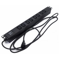 Hyperline SHE19-8IEC-2.5IEC Блок розеток для 19 шкафов, горизонтальный, 8 розеток IEC320 C13, кабель питания 2.5м (3х1.0мм2) с вилкой IEC320 C14 10A, 250В, 482.6x44.4x44.4мм (ШхГхВ), корпус алюминий, черный