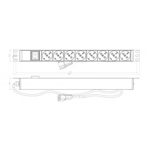 Hyperline SHE19-8SH-S-2.5IEC Блок розеток для 19 шкафов, горизонтальный, 8 розеток Schuko, выключатель с подсветкой, кабель питания 2.5м (3х1.0мм2) с вилкой IEC320 C14 10A, 250В, 482.6x44.4x44.4мм (ШхГхВ), корпус алюминий, черный Hyperline SHE19-8SH-S-2.5IEC Блок розеток для 19 шкафов, горизонтальный, 8 розеток Schuko, выключатель с подсветкой, кабель питания 2.5м (3х1.0мм2) с вилкой IEC320 C14 10A, 250В, 482.6x44.4x44.4мм (ШхГхВ), корпус алюминий, черный