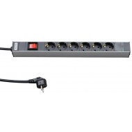 Hyperline SHT19-6SH-S-2.5EU Блок розеток для 19" шкафов, горизонтальный, 6 розеток Schuko, выключатель с подсветкой, кабель питания 2.5м (3х1.5мм2) с вилкой Schuko 16A, 250В, 482.6x44.4x44.4мм (ШхГхВ), корпус алюминий