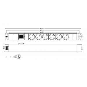 Hyperline SHT19-6SH-S-2.5EU Блок розеток для 19" шкафов, горизонтальный, 6 розеток Schuko, выключатель с подсветкой, кабель питания 2.5м (3х1.5мм2) с вилкой Schuko 16A, 250В, 482.6x44.4x44.4мм (ШхГхВ), корпус алюминий Hyperline SHT19-6SH-S-2.5EU Блок розеток для 19" шкафов, горизонтальный, 6 розеток Schuko, выключатель с подсветкой, кабель питания 2.5м (3х1.5мм2) с вилкой Schuko 16A, 250В, 482.6x44.4x44.4мм (ШхГхВ), корпус алюминий