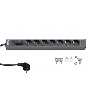 Hyperline SHT19-7SH-IF-2.5EU Блок розеток для 19 шкафов, горизонтальный, 7 розеток Schuko, индикатор питания, защита от перенапряжения (сменный блок), кабель питания 2.5м (3х1.5мм2) с вилкой Schuko 16A, 250В, 482.6x44.4x44.4мм (ШхГхВ), корпус алюминий Hyperline SHT19-7SH-IF-2.5EU Блок розеток для 19 шкафов, горизонтальный, 7 розеток Schuko, индикатор питания, защита от перенапряжения (сменный блок), кабель питания 2.5м (3х1.5мм2) с вилкой Schuko 16A, 250В, 482.6x44.4x44.4мм (ШхГхВ), корпус алюминий