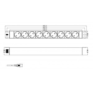 Hyperline SHT19-9SH-2.5IEC Блок розеток для 19 шкафов, горизонтальный, 9 розеток Schuko, 10A, кабель питания 2.5м (3х1.5мм2) с вилкой IEC320 C14 10A, 250В, 482.6x44.4x44.4мм (ШхГхВ), корпус алюминий Hyperline SHT19-9SH-2.5IEC Блок розеток для 19 шкафов, горизонтальный, 9 розеток Schuko, 10A, кабель питания 2.5м (3х1.5мм2) с вилкой IEC320 C14 10A, 250В, 482.6x44.4x44.4мм (ШхГхВ), корпус алюминий
